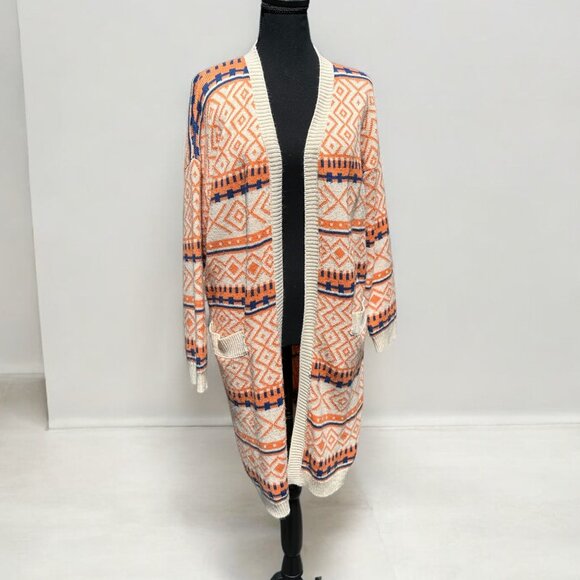 Boho Tribal Print Open Front Longline Cardigan - Picture 1 of 2